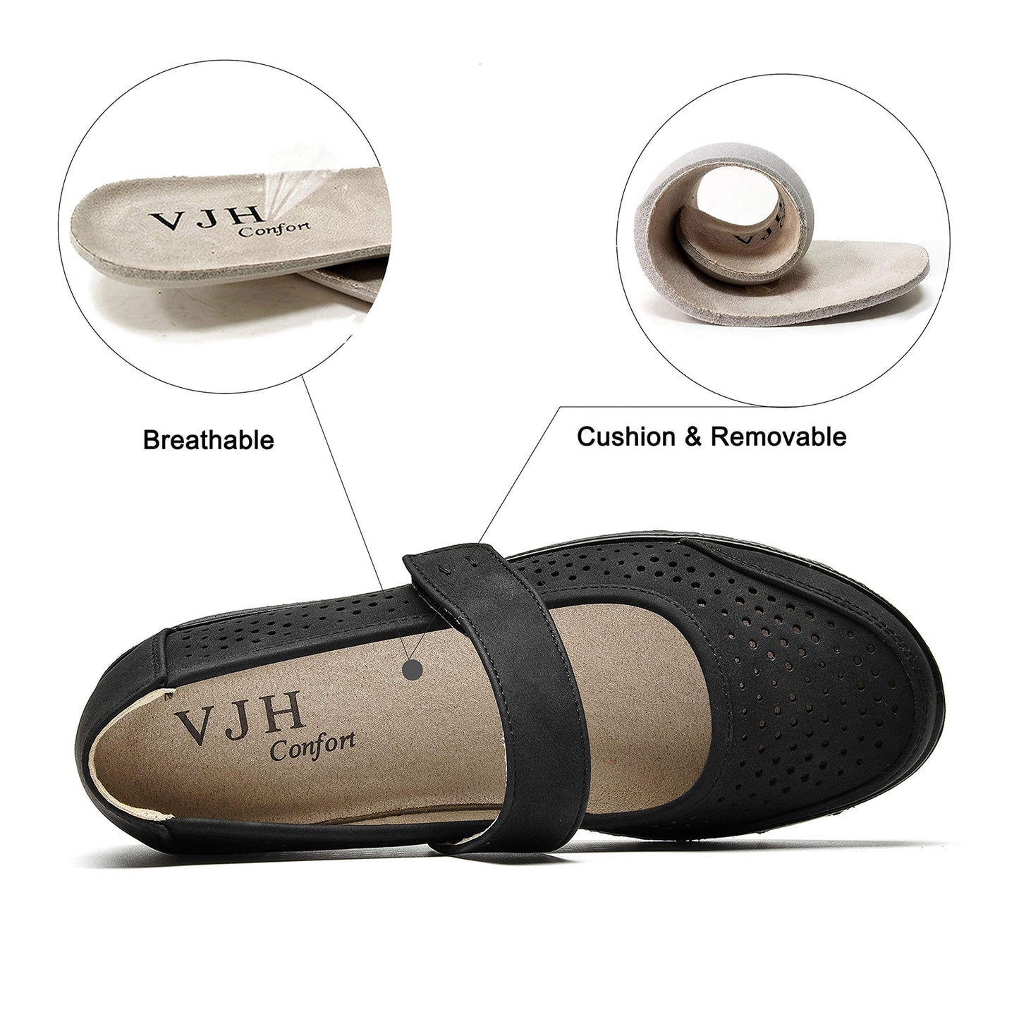 VJH confort Women's Mary Jane Flats, Breathable Slip-On Light Weight Comfort Orthotic Casual Walking Shoes