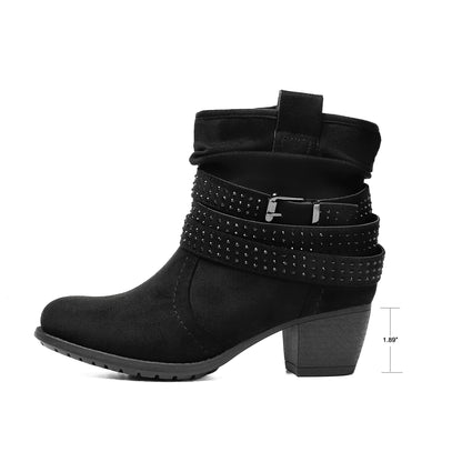 Women's Mid Calf Boots,Round Toe Comfort Low Heel Slouchy Dress zip booties with Jeweled strap