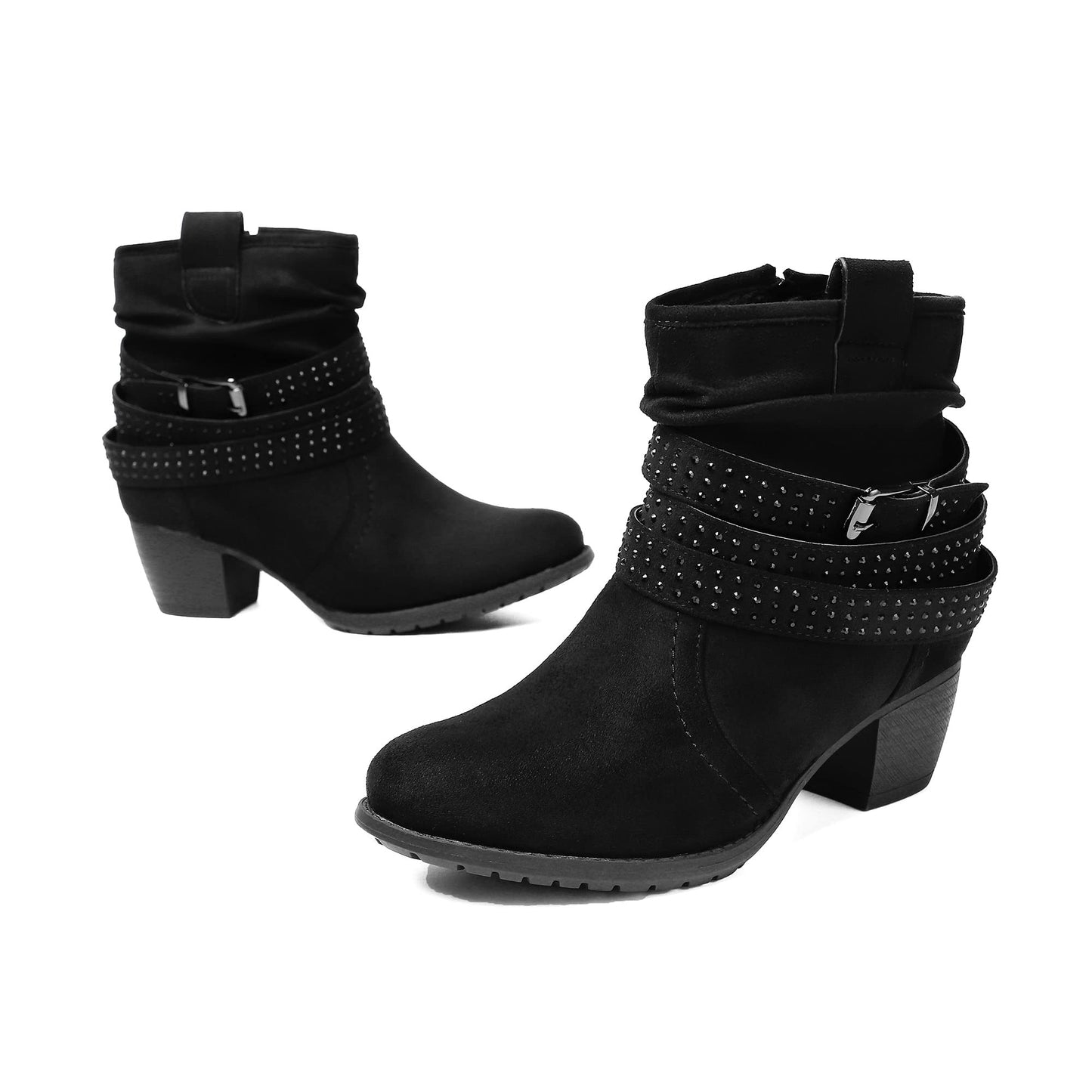 Women's Mid Calf Boots,Round Toe Comfort Low Heel Slouchy Dress zip booties with Jeweled strap