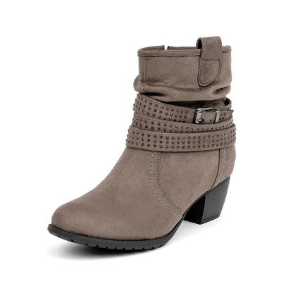 Women's Mid Calf Boots,Round Toe Comfort Low Heel Slouchy Dress zip booties with Jeweled strap