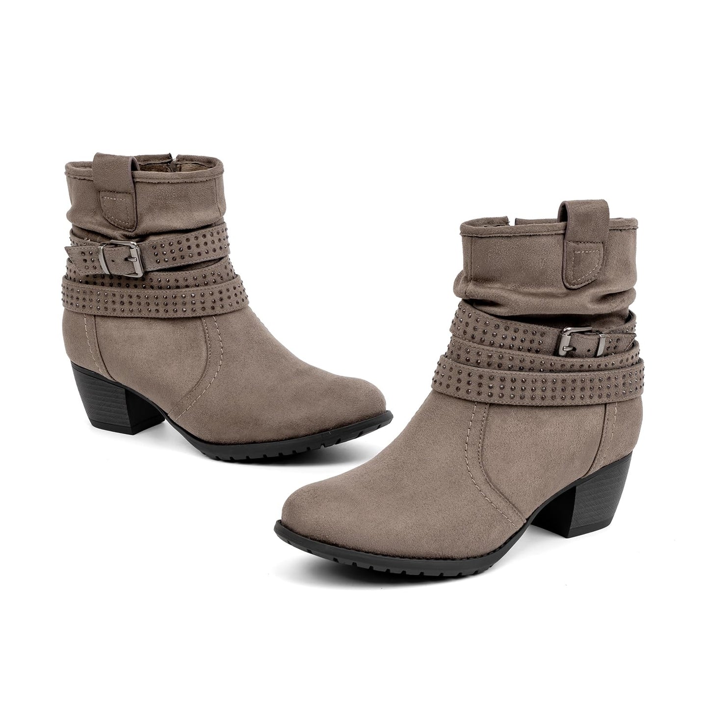 Women's Mid Calf Boots,Round Toe Comfort Low Heel Slouchy Dress zip booties with Jeweled strap