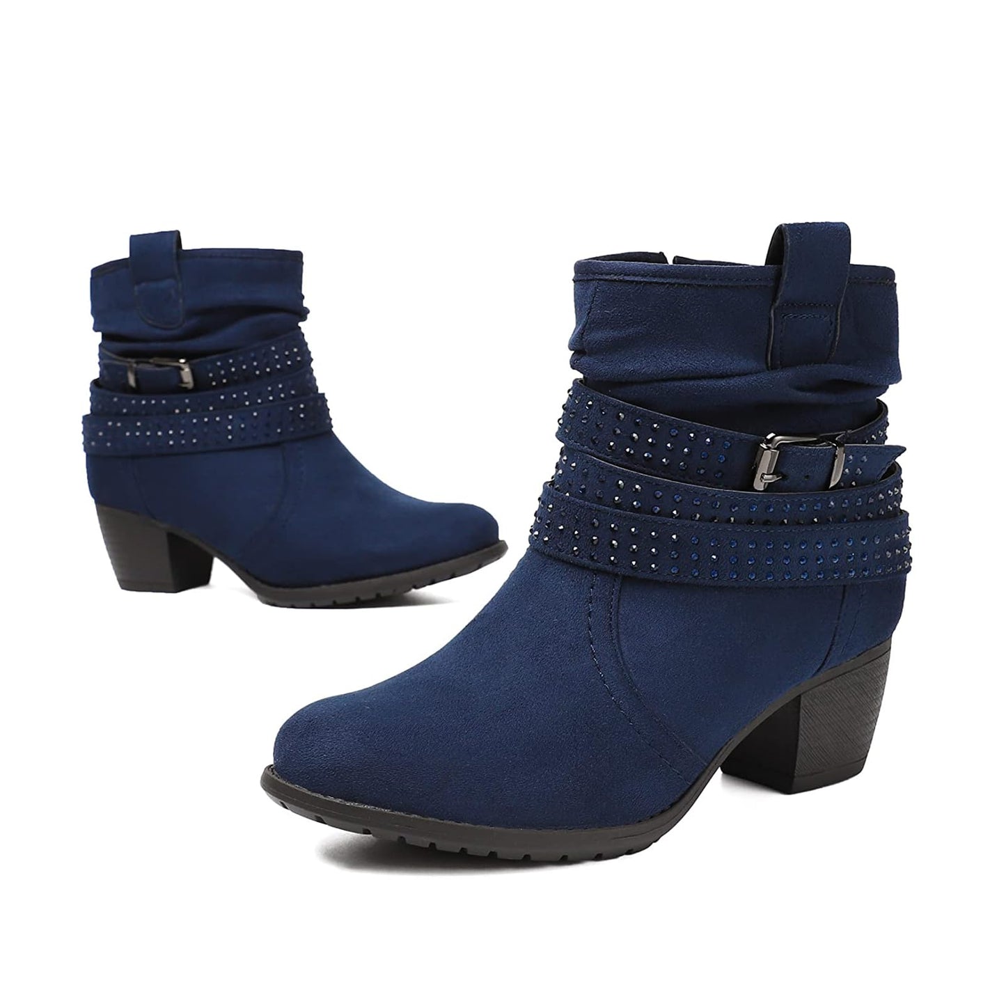 Women's Mid Calf Boots,Round Toe Comfort Low Heel Slouchy Dress zip booties with Jeweled strap