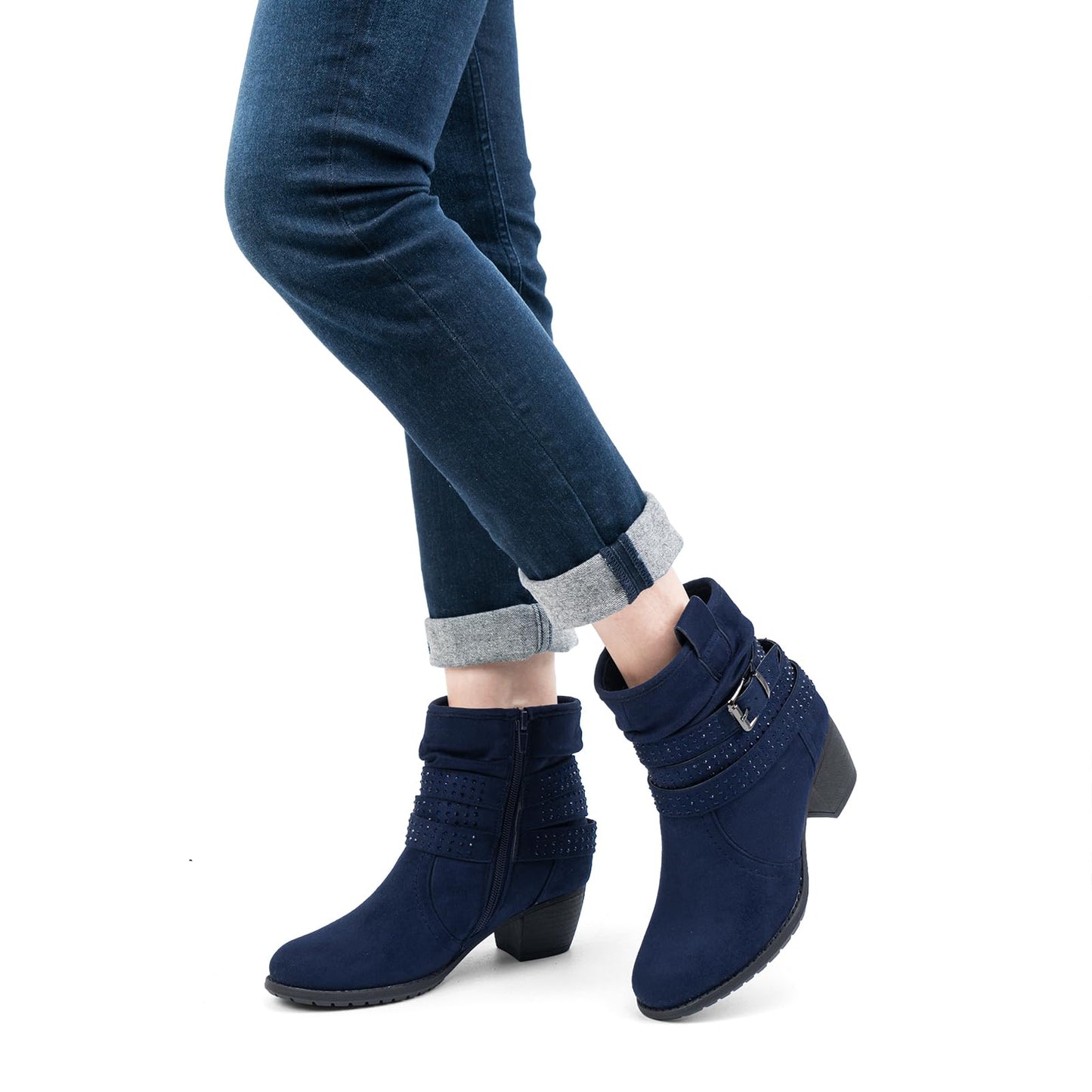 Women's Mid Calf Boots,Round Toe Comfort Low Heel Slouchy Dress zip booties with Jeweled strap